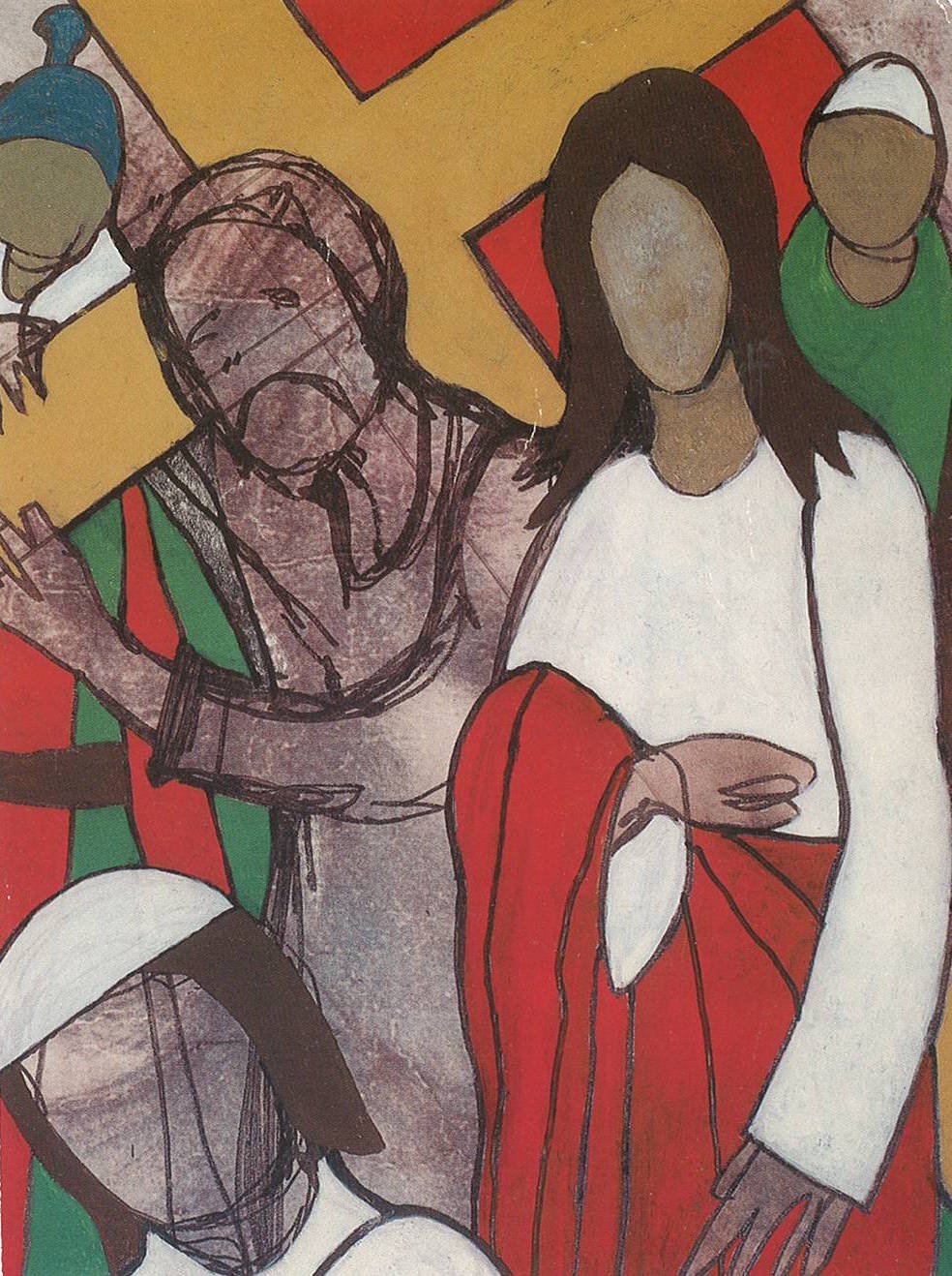 Sedam postaja križnog puta - Peta postaja - Šimun Cirenac pomaže Isusu nositi križ (kombinirana tehnika, 24.5 cm - 20 cm, 10.6.1989.)